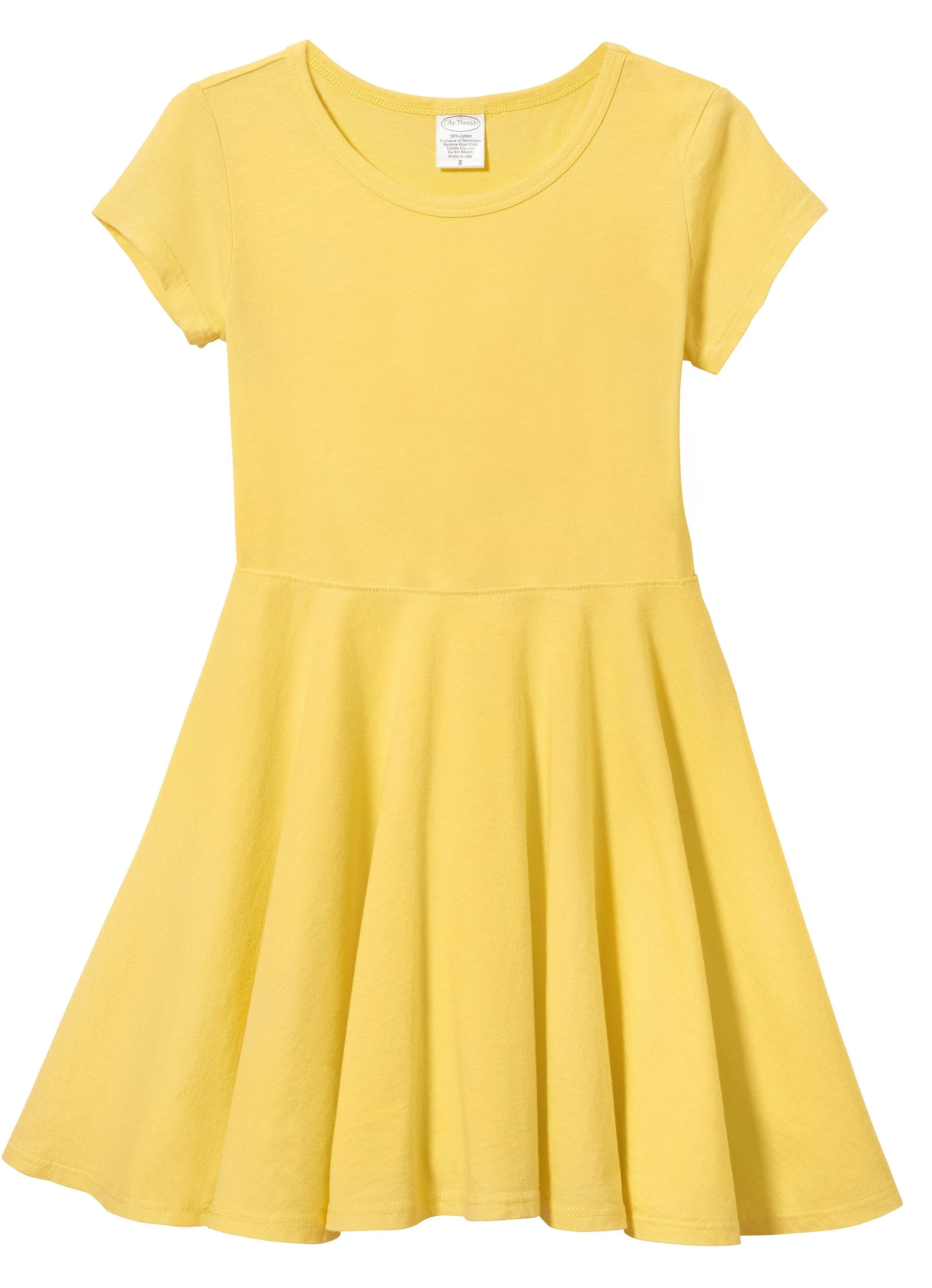Girls Soft Cotton Jersey Short Sleeve Twirly Dress | Yellow - Remutear