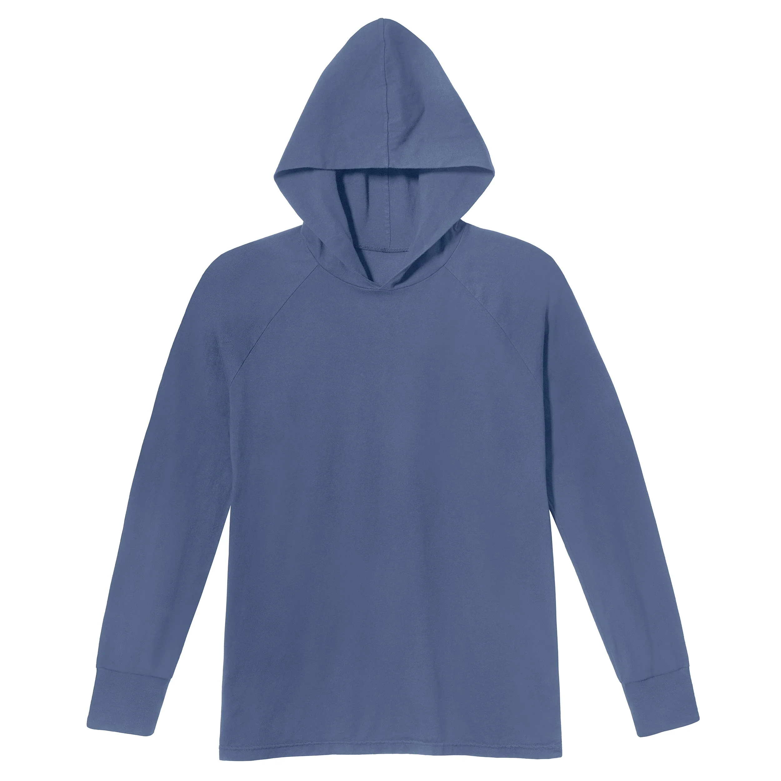 Men's Soft 100% Cotton Medium-Weight Long Sleeve Hooded Tee With Cuffs | Denim Blue - Remutear