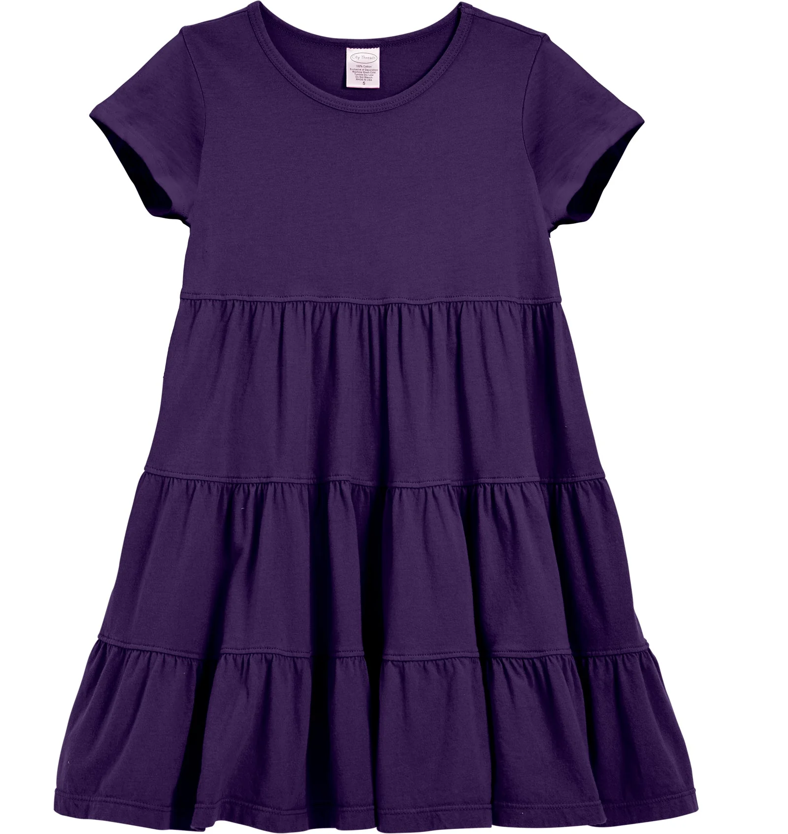 Girls Soft Cotton Jersey Short Sleeve Tiered Dress -Seconds| Damage-Purple - Remutear