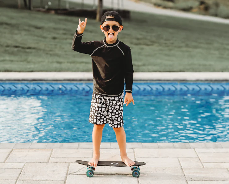 Boys UPF 50+ Recycled Polyester Soft Stretch Below the Knee Printed Swim Board Shorts  | Swirly Waters - Remutear