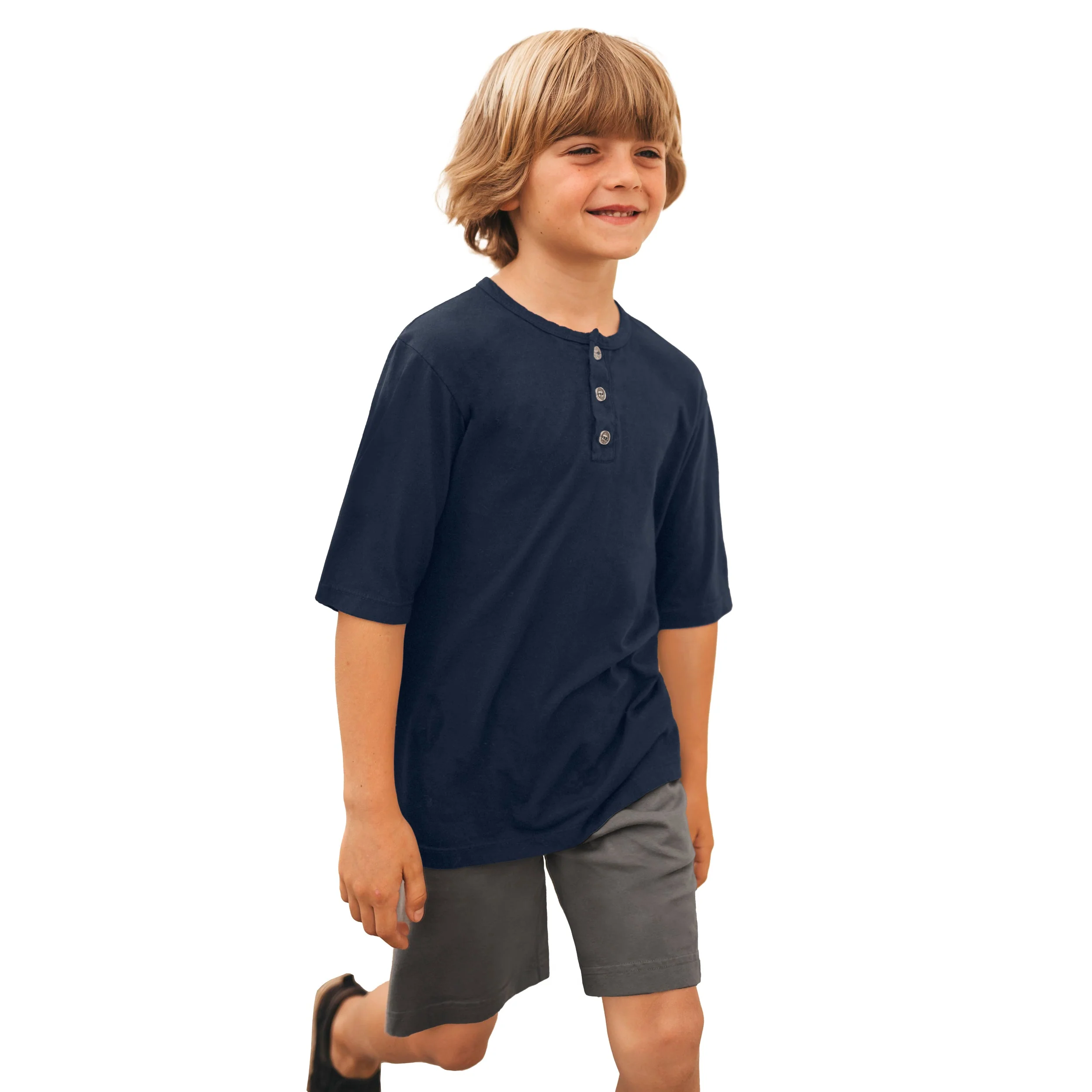 Boys Soft Organic Cotton Jersey Short Sleeve Henley Tee | Dark Navy - Remutear