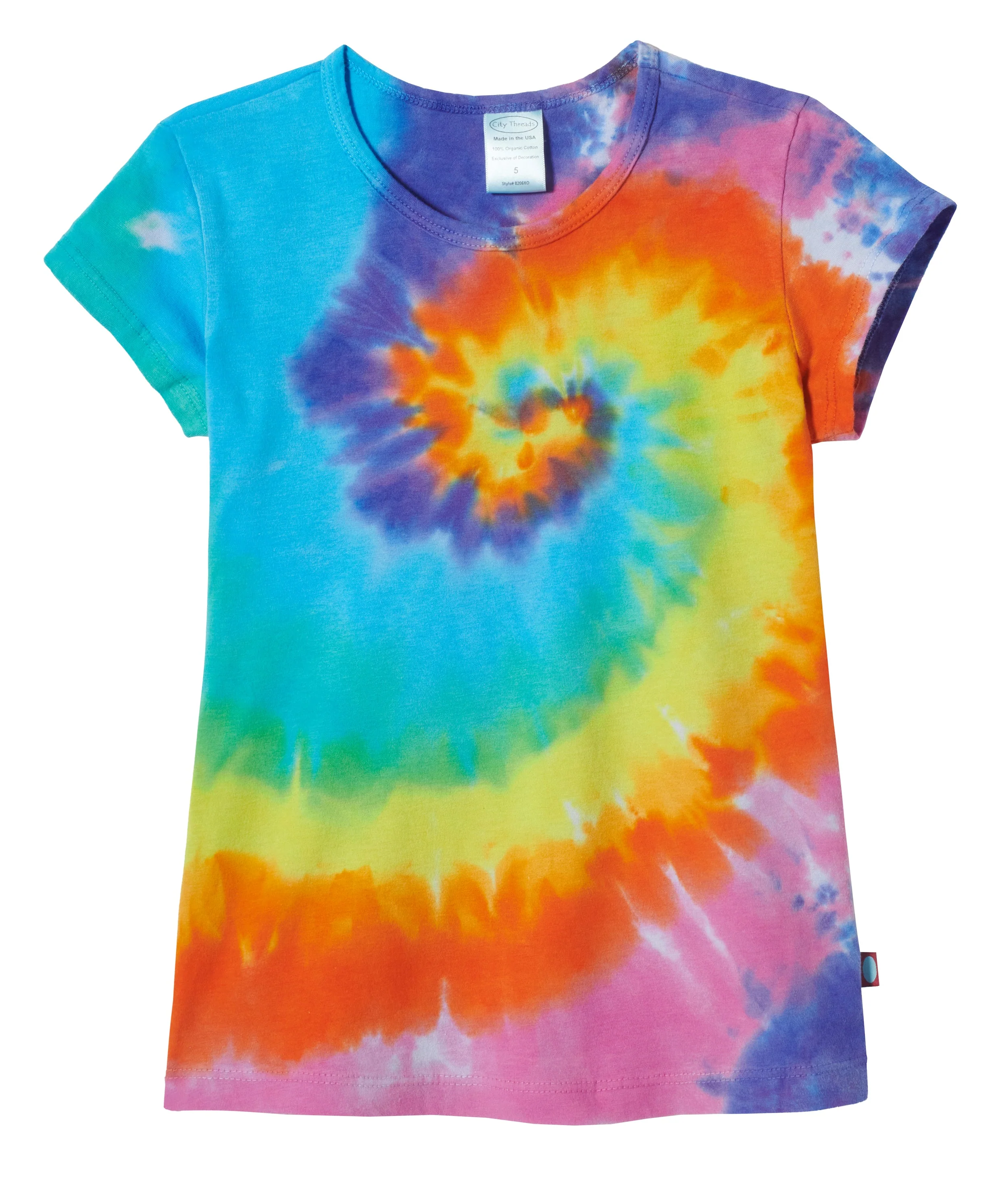 Girls Tie-Dye Soft Organic Cotton Jersey Cap Sleeve Crew Tee | Rainbow Spiral - Remutear